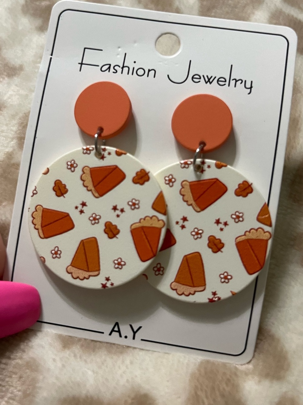 Orange Pumpkin Pie Print Dangle Earrings